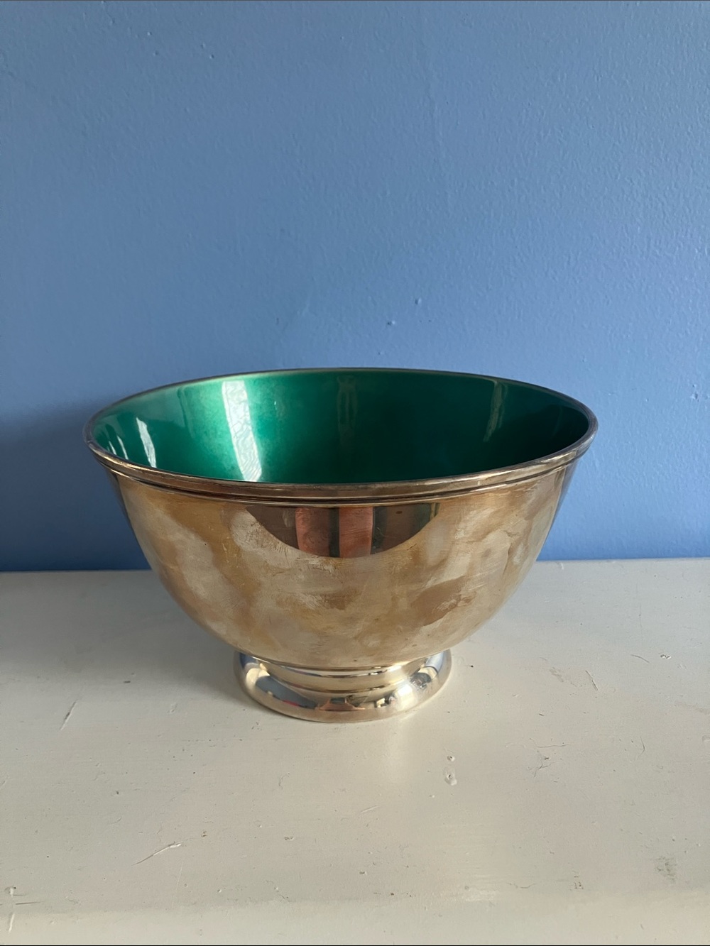 Vintage Towle Silversmiths EP 5003 Silverplate and Teal Enamel MCM Footed Bowl
